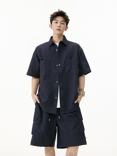 Relaxed Fit Workwear Short Sleeve Shirt Set Men 2025 Summer Loose Casual Collar Shirt Two-Piece Set Sports Sun Protection Top