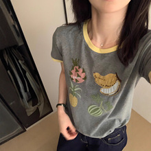Hers一勺甜两色韩系简约小众UP调性水果图案撞色正肩短袖T恤92182