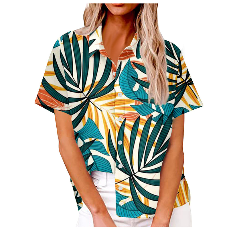 2024 Women's Plus Size Summer Hawaiian Shirt Tropical Plant Print Button Short Sleeve Shirt