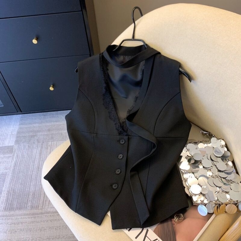 Sexy Black Suit Vest Jacket for Women, Sexy Lace Patchwork Collar Vest Top, Waist-Cinching Cardigan
