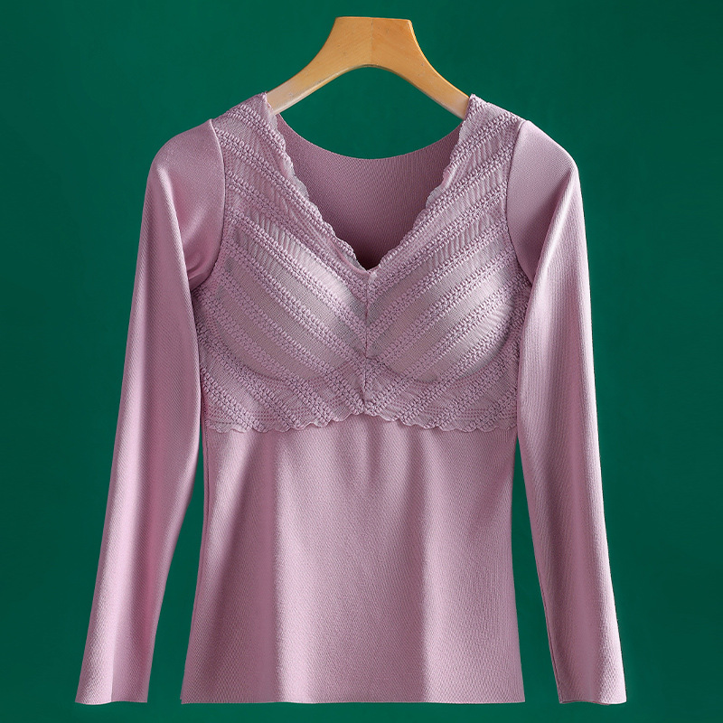 Otoño e Invierno de terciopelo sin costuras ropa interior térmica engrosada de las mujeres con cuello en V encaje bottoming ropa con almohadilla en el pecho temperatura constante térmica de manga larga