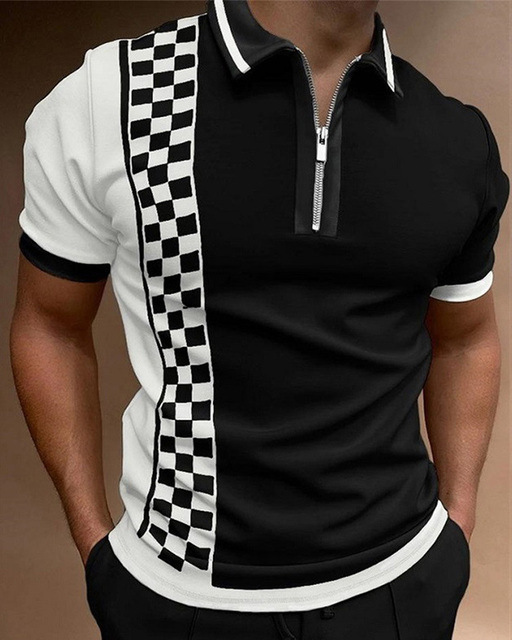 Camiseta Polo con Cierre de Solapa y Estampado Geométrico para Hombre, Estilo Europeo y Americano, Camiseta de Manga Corta de Verano para Hombre, Estilo Moderno Europeo y Americano 2025