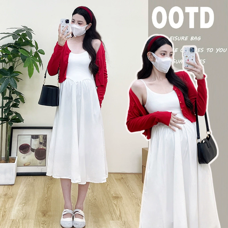 Сезонное красное Slip Dress для беременных, кардиган, французский стиль, яркий запоминающийся стиль, обтягивающий