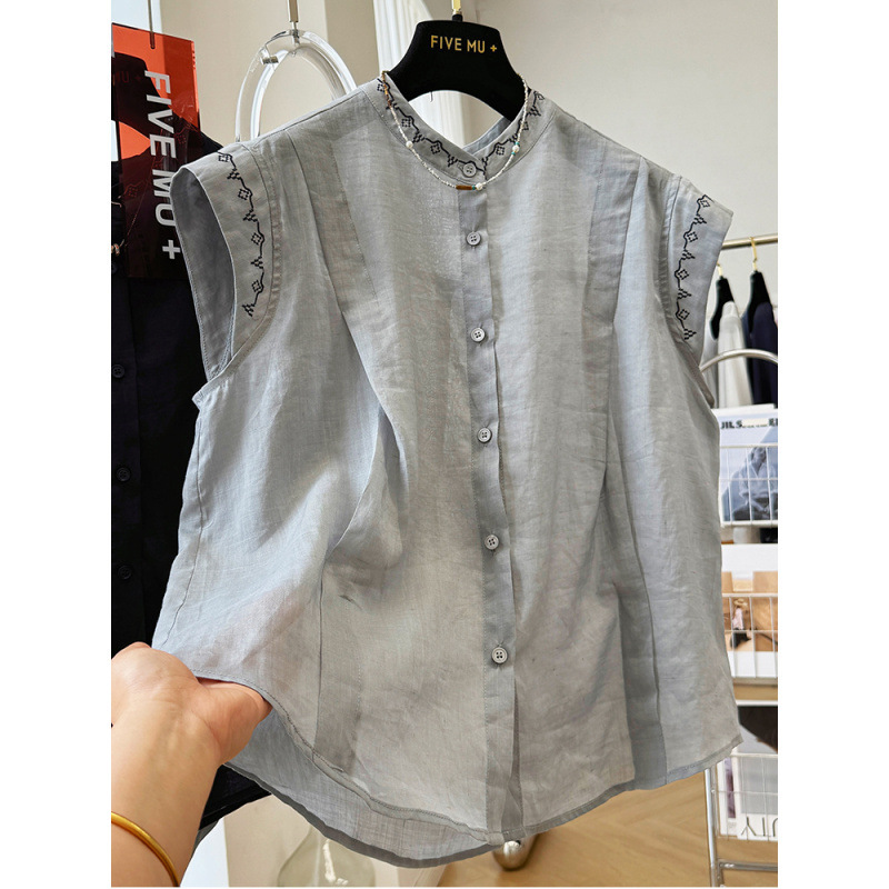 女性用のハイエンドでユニークで美しいノースリーブシャツ、ヘビーウェイトの刺繍入りアウターベスト、ラミー素材の気質シャツ|undefined