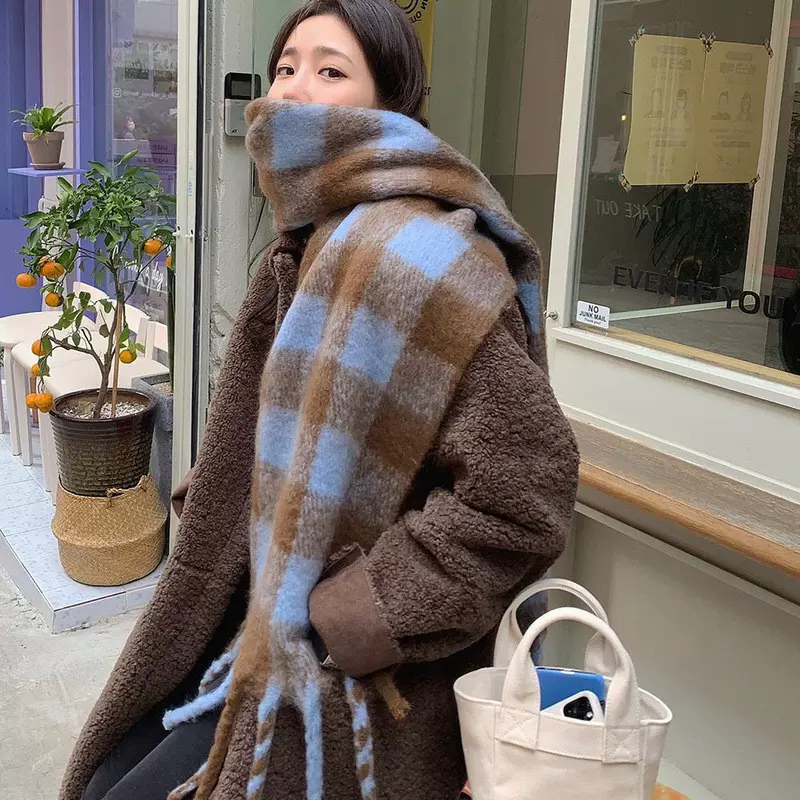 韩系仿羊绒时尚格子流苏围巾秋冬季女士加厚保暖针织围巾披肩批发