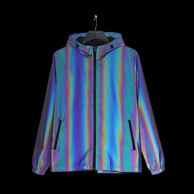 Gradient Colorful Reflective Jacket Trendy Men's Fashion Hip Hop High Street Hooded Jacket Night Run Riding Luminous Clothes Cross Border