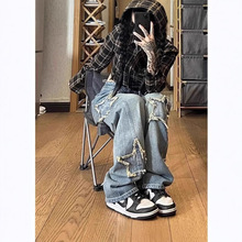 美式复古星星牛仔裤男女韩版ins中腰显瘦毛边刺绣直筒阔腿长裤潮
