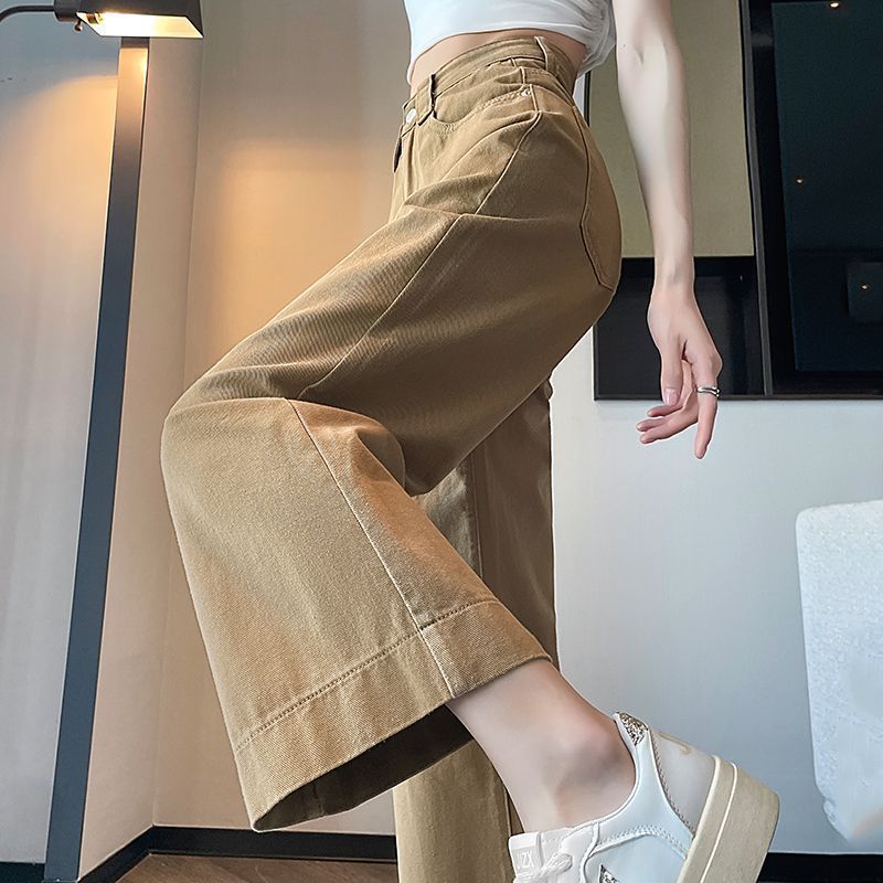 2025年新作カーキ9点デニムワイドパンツ、小柄な人向けのハイウエストナローストレートパンツ、肉と脚をカバーする早めのスタイル|undefined