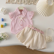 6708 女童条纹小飞袖条纹上衣套装新款夏季公主风花苞短裤两件套