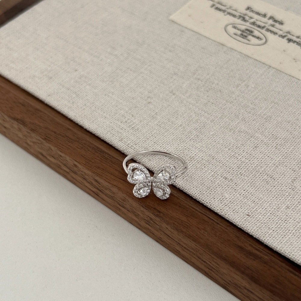 5g Weight Zircon Inlay Material Open Rings, Rings Classification 6, 9, Adjustable Ring Size 1 Piece Quantity Daily, Tea Party Occasion 925 Sterling Silver Material Butterfly Pattern Women's Gender Inlay Design Sweet, Shiny Style 925 Sterling Silver Zircon Butterfly Open Rings Rings 34