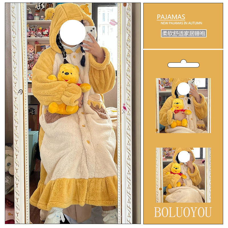 Coral fleece nightgown for women autumn and winter long thickened fleece-lined cute cartoon Pooh bear pajamas hooded homewear outerwear