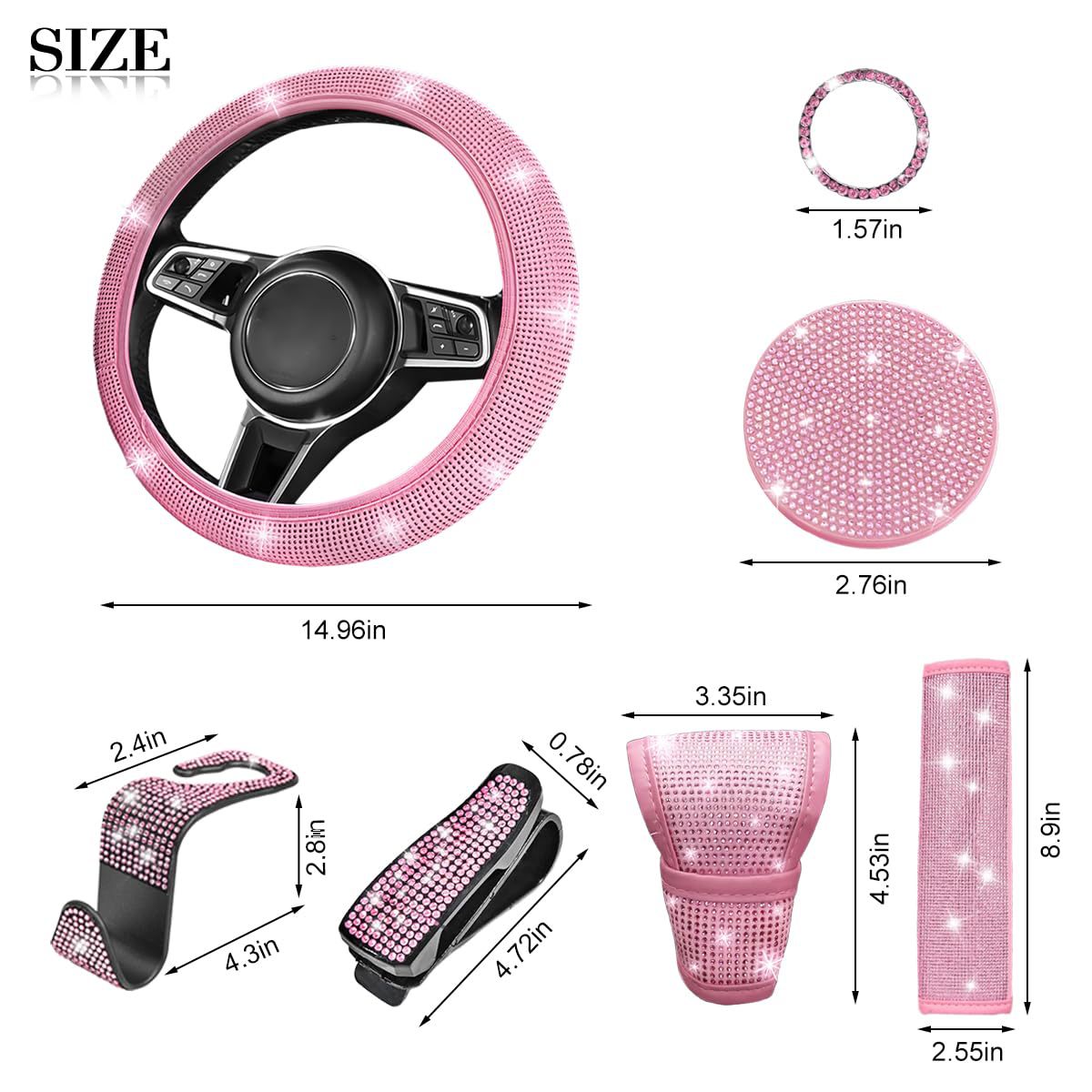 11-Piece Car Interior Set with Diamond-Encrusted Steering Wheel Cover, Car Hook, Glasses Holder, One-Touch Start Ring