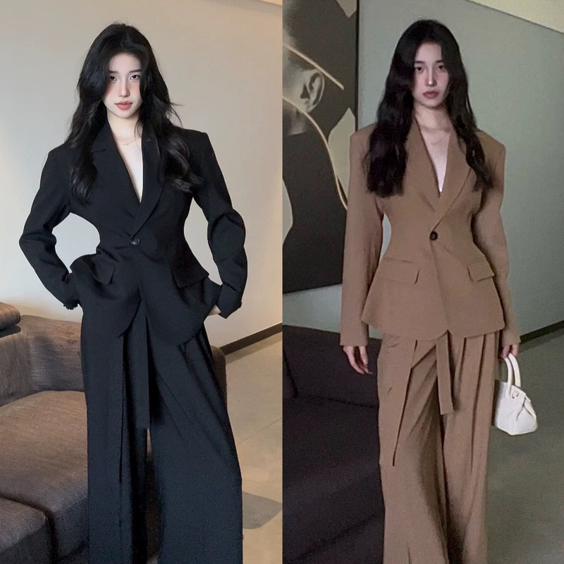 High-End Suit for Women, Spring and Autumn Casual Temperament, Commuting Design, Waist-Cinching Suit, Wide-Leg Pants Two-Piece Set