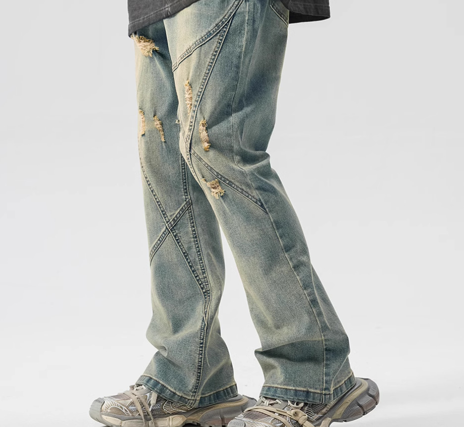 American Old Worn Jeans Men's Loose And Slightly High Street Line Design Style Pants_mkmklike.com