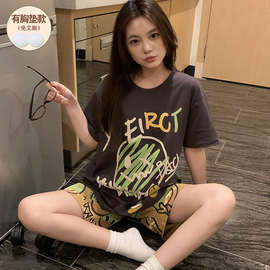 纯棉睡衣女款夏带胸垫短袖2026新款可爱卡通可外穿网红风薄款套装