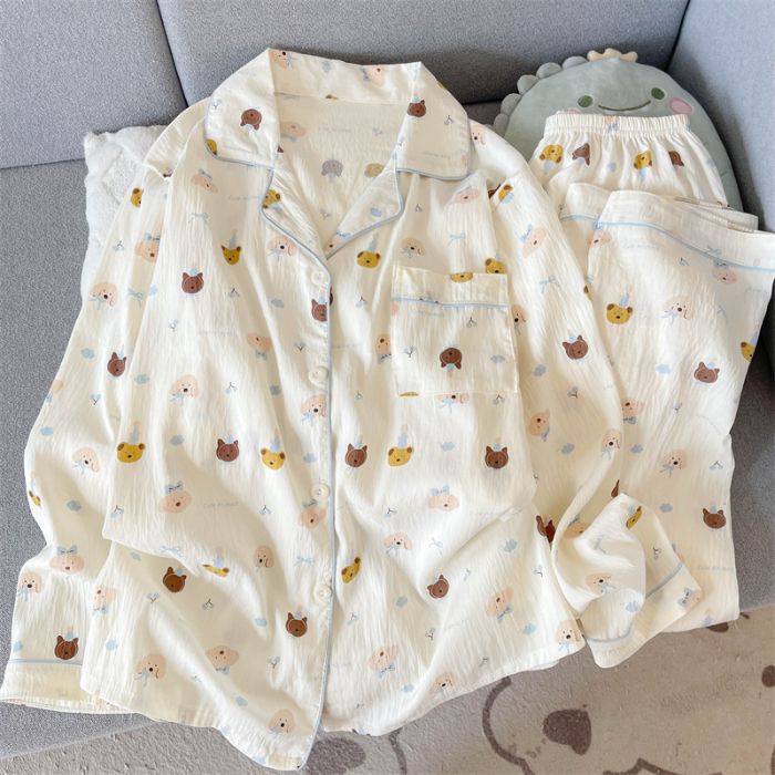 Al por mayor transfronterizo primavera y otoño nuevo pijama de mujer nubes de algodón con solapa cardigan de manga larga pantalones dulces set de ropa para el hogar