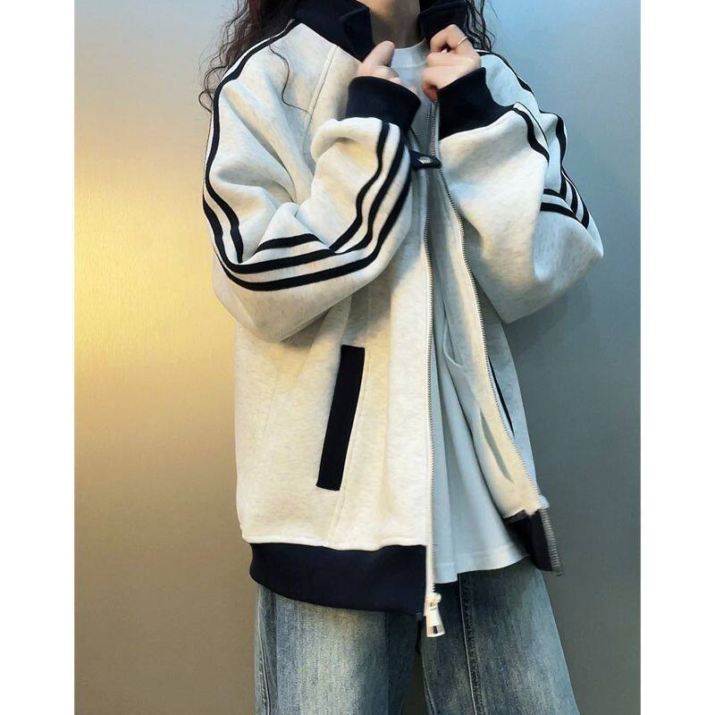 Áo khoác hoodie nữ dáng rộng phong cách bóng chày tay dài phối màu, dài áo 50–65 cm — Màu xanh tím than, Trắng hoa xám chi tiết 6