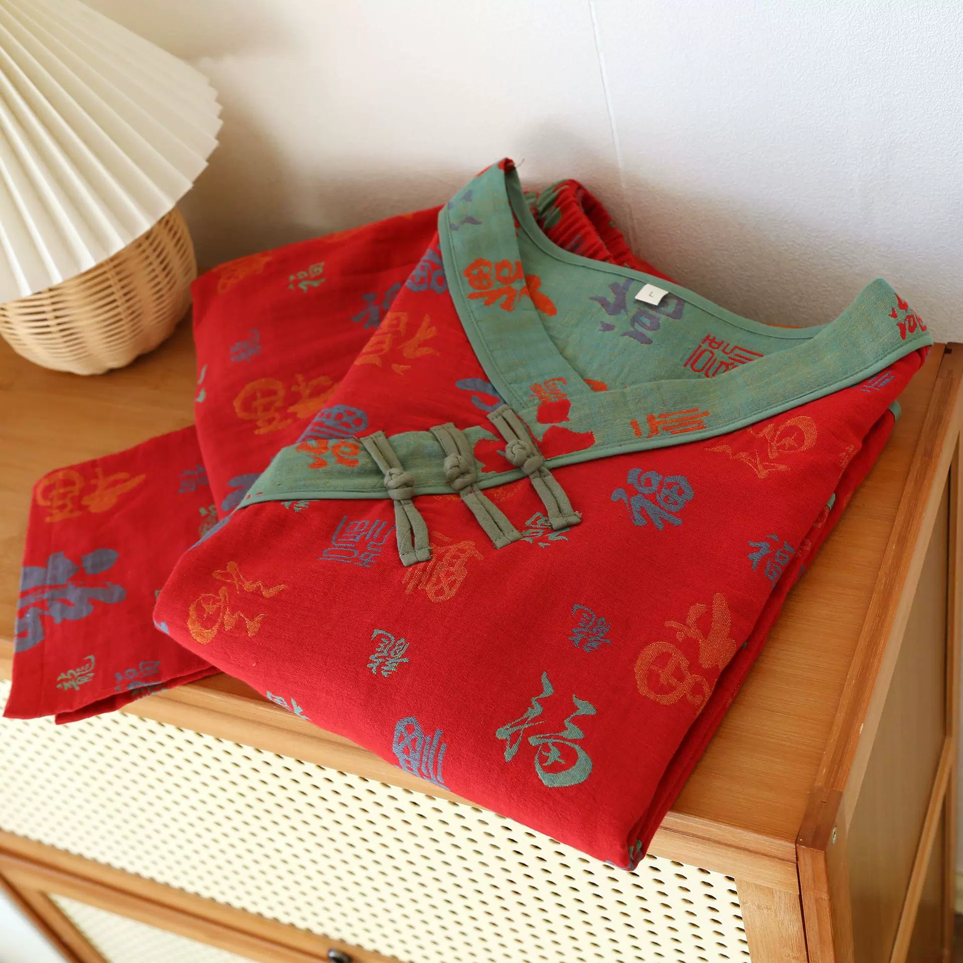 四季薄款女纯棉色织双层纱布家居服双面提花长袖长裤中式复古盘扣