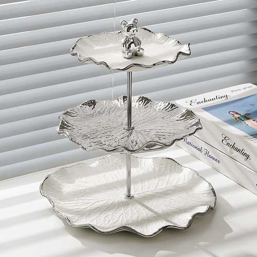 Small Bear Silver-Edge Silver Light Luxury Decor Fruit Plate Ceramic Multi-Layer String Plate Dessert Stand Cake Fruit Plate Home Living Room