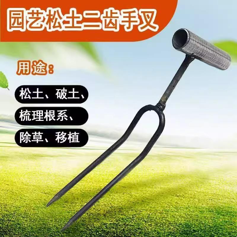 Handheld Gardening Soil Loosening Fork with Two Tines, Gardening Tool for Home Use, Suitable for Planting Vegetables, Cultivating Flowers, Fertilizing, and Weeding, Labor-Saving Fork