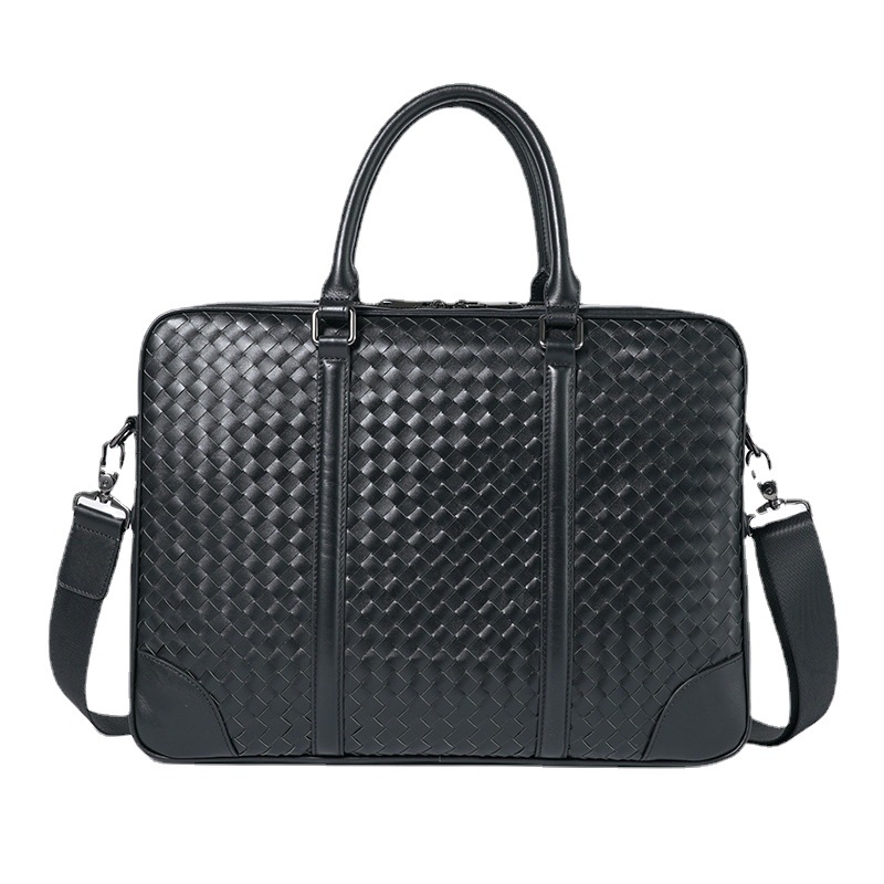 Woven Genuine Leather Men's Handbag Fashion Business Shoulder Crossbody Bag Travel Large Capacity Computer Briefcase in Stock