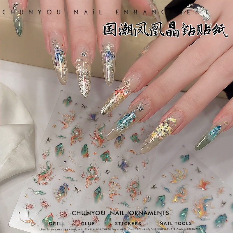 Nuevo estilo de moda nacional Phoenix cristal diamante pegatinas de uñas antiguo Dunhuang Feitian Año Nuevo de alta calidad decoración de uñas estereoscópica pegatinas