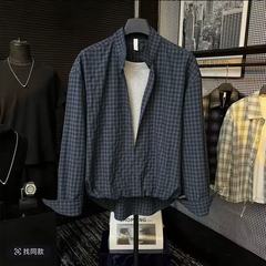 秋季高品质层次感撞色格纹拼接休闲假两件潮流时尚舒适百搭衬衫
