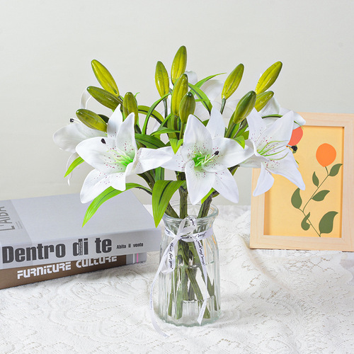 Manufacturer wholesale wedding home decoration fake flower 1 flower 2 buds mini single feel film 3 heads artificial flower lily