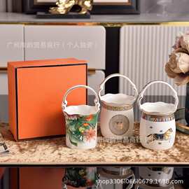 欧式H陶瓷提篮收纳篮创意桌面咖啡勺子放水果叉收纳花篮餐具家用