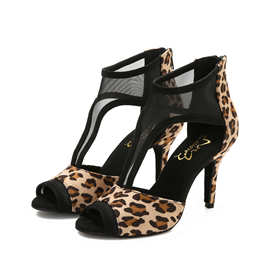 女士时尚豹纹绒面加网舞靴高跟成人舞蹈鞋交谊舞鞋舞靴软底舞鞋厂