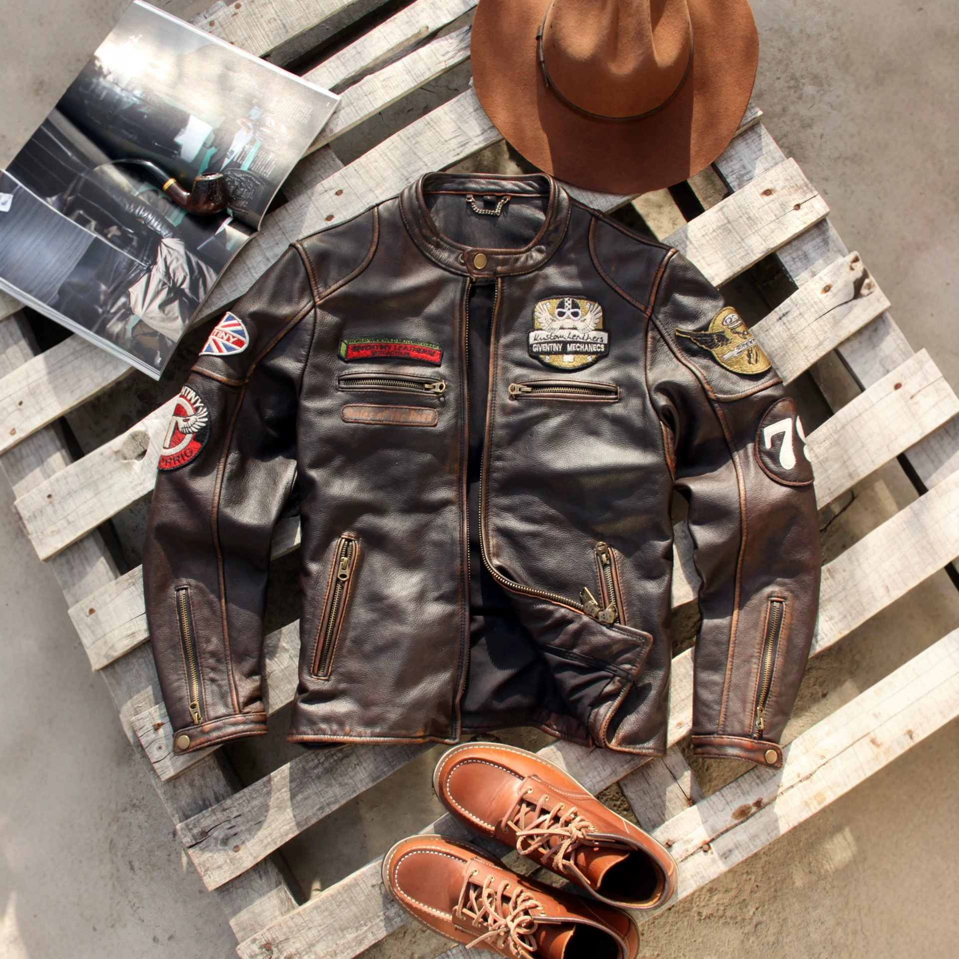 Amei Khaki Genuine Leather Jacket for Men, Vintage Distressed Cowhide Stand Collar Slim Fit Multi-Label J100 Motorcycle Leather Jacket