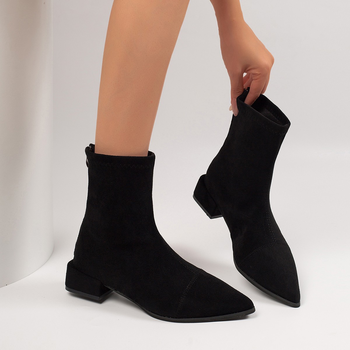 Botines Fruncidos de Punta para Mujer de Terciopelo, Talón Fino, Térmico, para Uso Diario