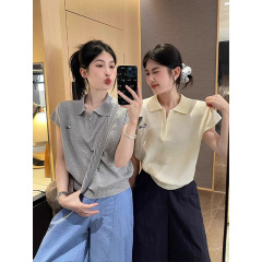 Polo襟半ファスナー氷糸正肩半袖tシャツ女性夏グレー襟ニット短い韓国系上着