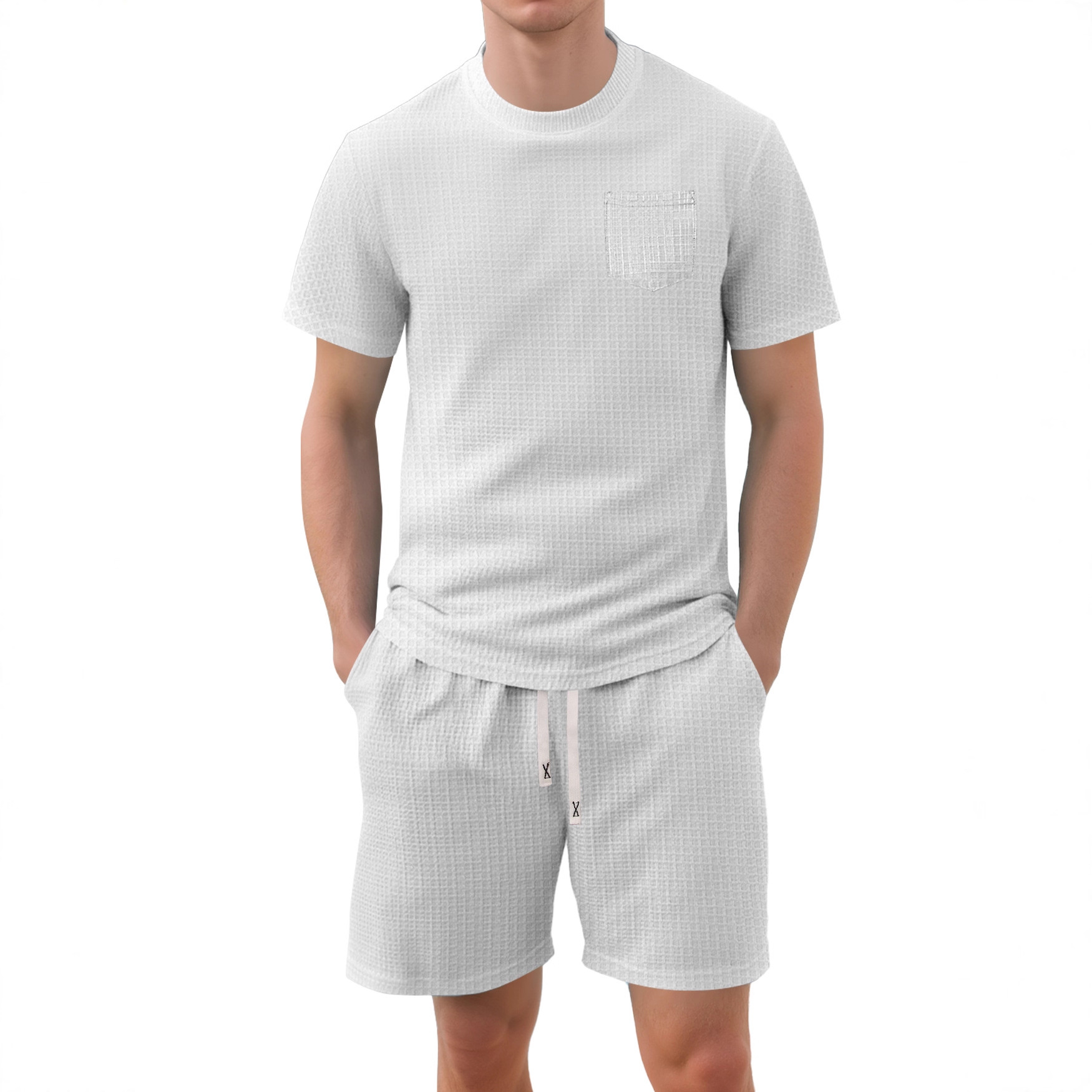 Nuevo transfronterizo Europa y América Amazon verano nuevo producto de hombre delgado waffle casual deportivo de manga corta set de pantalones cortos