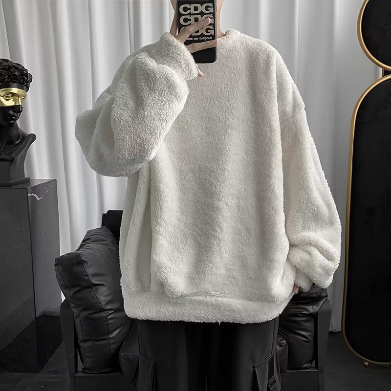 Autumn and Winter Thickeneded Cashmere Outer Wear Men's Plush Round Neck Pullover Casual Versatile Trendyy Loose Polar Fleece Sweater
