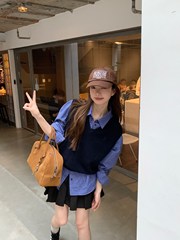 韓系学院風スーツ女性ブルー格子シャツ上着早春重ね着ニットベスト2点セット