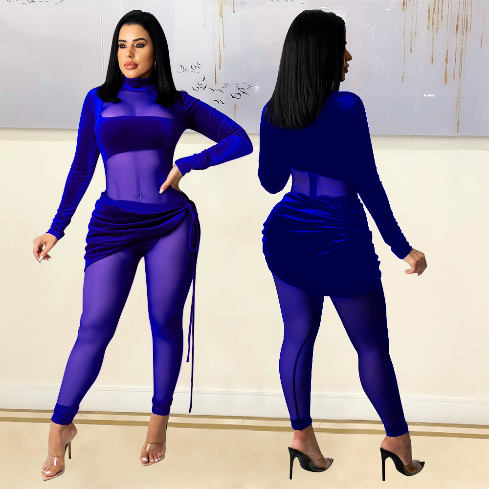Women's fashion sexy mesh velvet splicing solid color jumpsuit_voghion.com