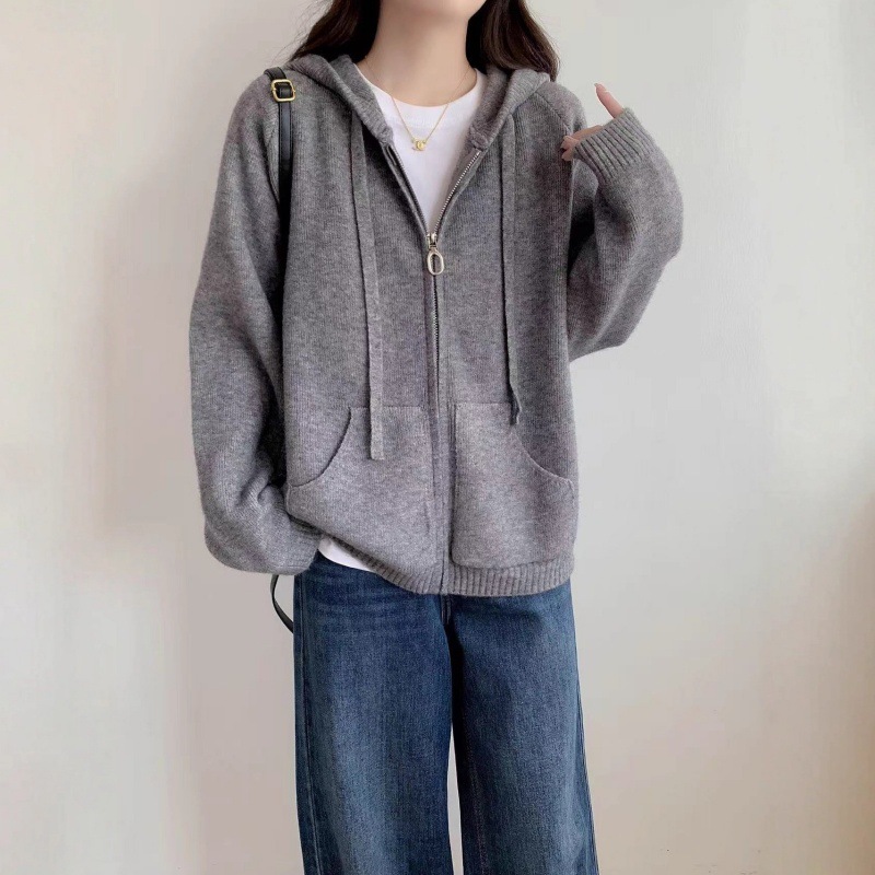 韩版连帽毛衣外套女秋冬新款慵懒风宽松休闲大码跨境女装针织外套