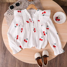 外贸跨境女童装2025秋季欧美新款洋气可爱樱桃印花长袖衬衫上衣