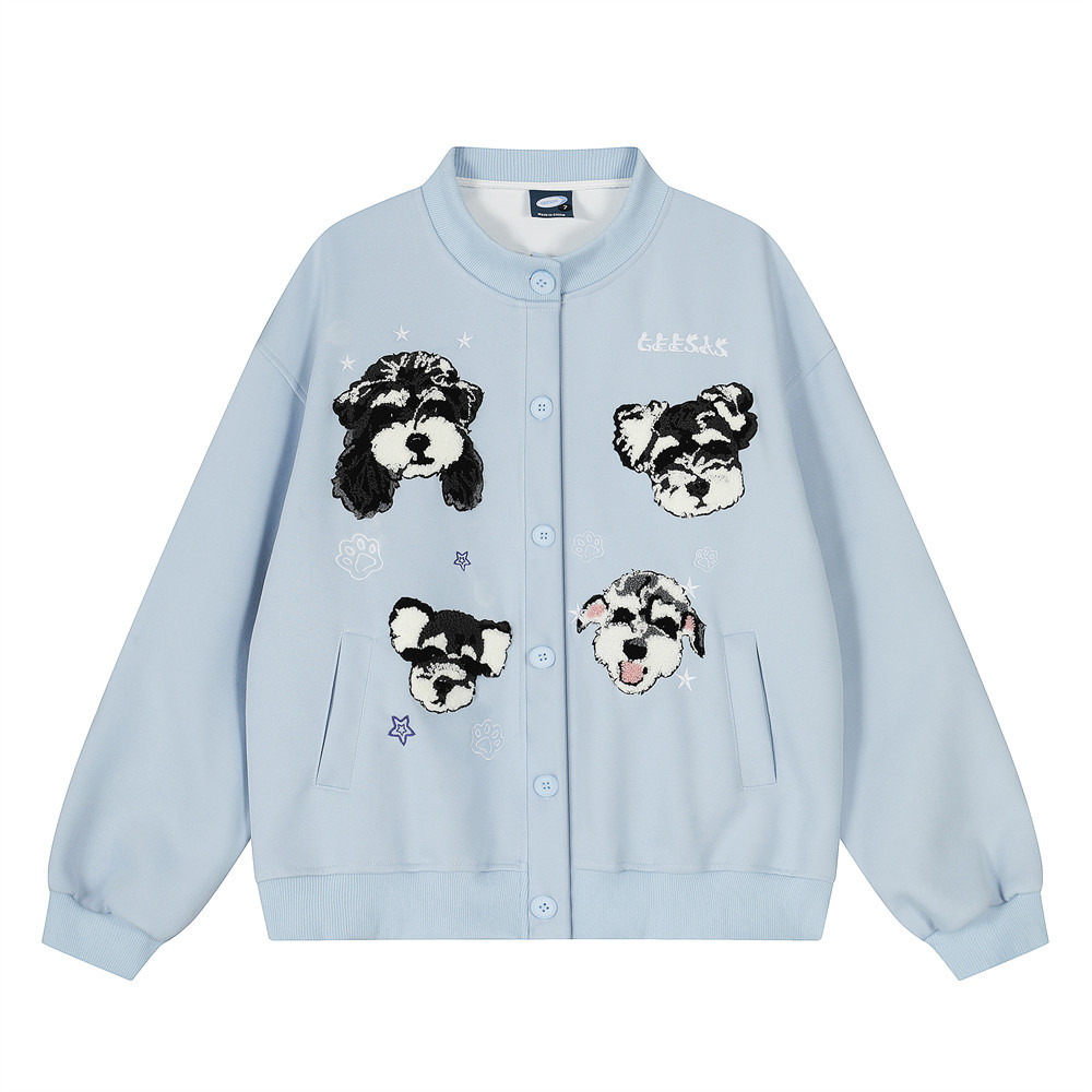 Hayvan Yavrusu Karikatür Nakışlı Yuvarlak Yaka Hırka Sweatshirt Erkek Bol Günlük İlkbahar Sonbahar Beyzbol Ceket Sokak_voghion.com