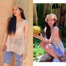 赵露思同款上衣女无袖叠穿设计感明星外穿镂空针织吊带背心