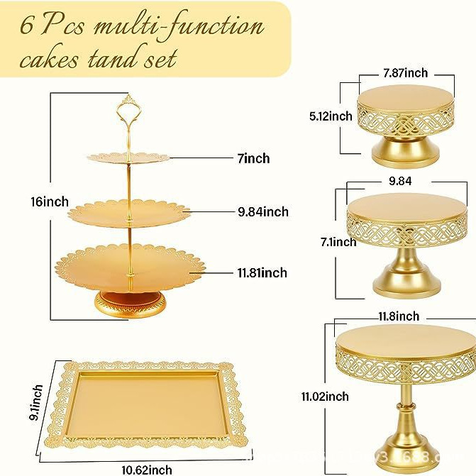 Soporte de dulces redondos adecuado para boda de cumpleaños fiesta de té tabla de postres estante de exhibición de seis piezas conjunto de estante de pastel dorado