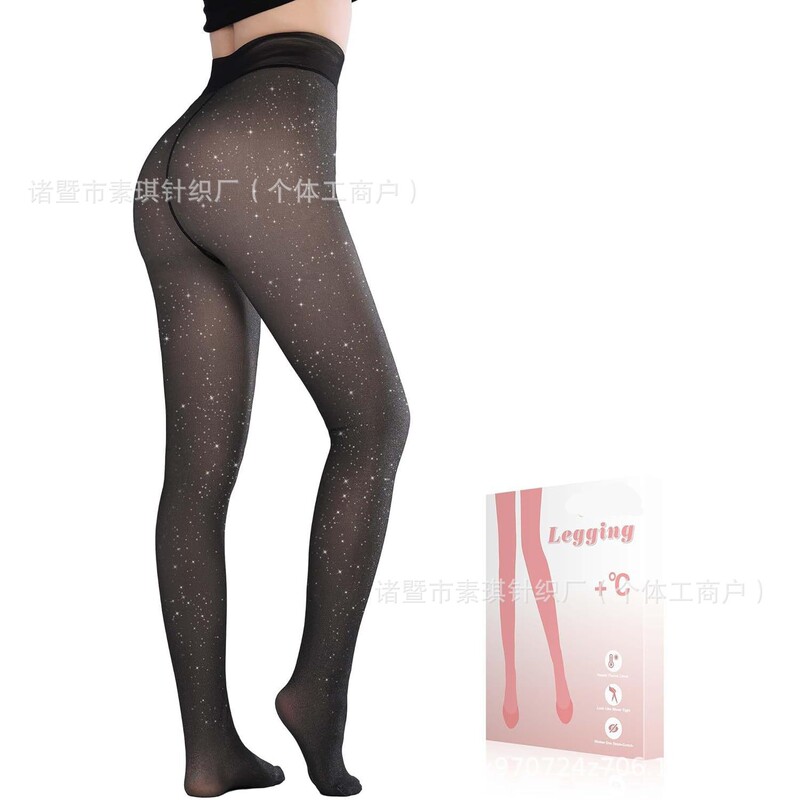 Cross-Border Tk Amazon Starry Sky Black Fleece-Lined Leggings Women's Warm Pantyhose Tights Semi-Transparent