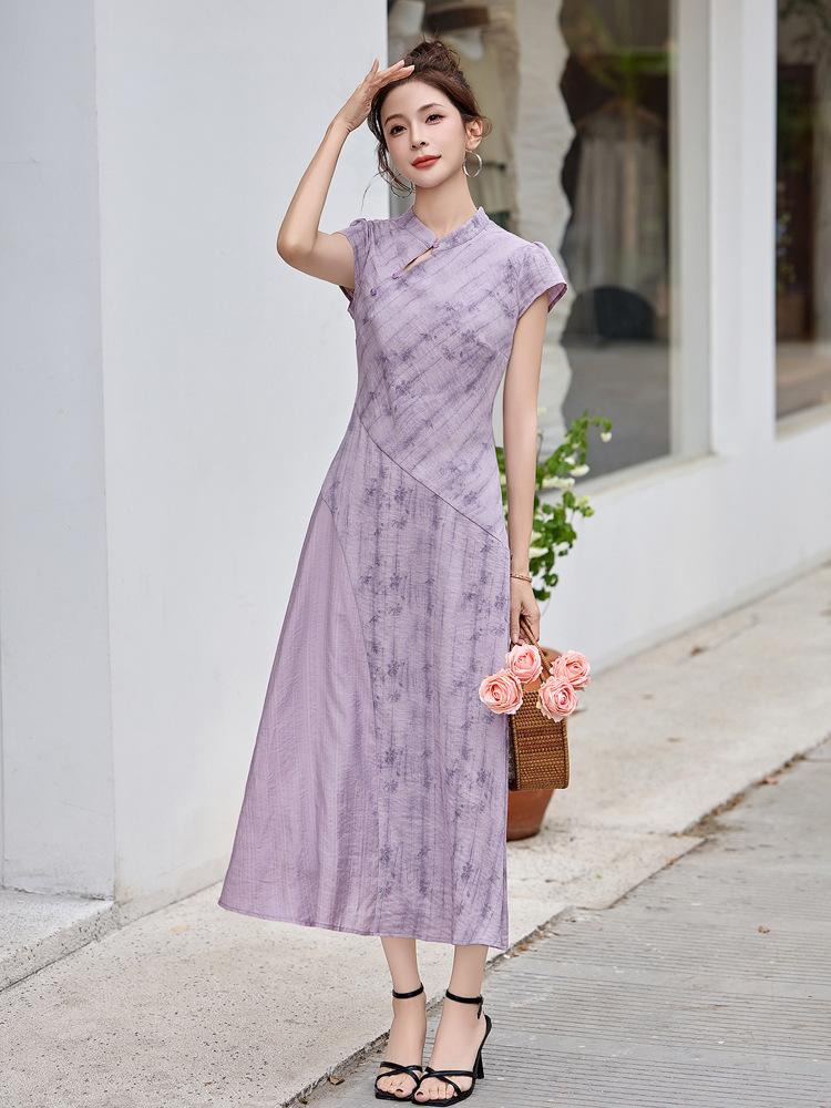 Đầm maxi cổ đứng tay ngắn dáng suông thắt eo phong cách Trung Hoa hiện đại — màu tím
