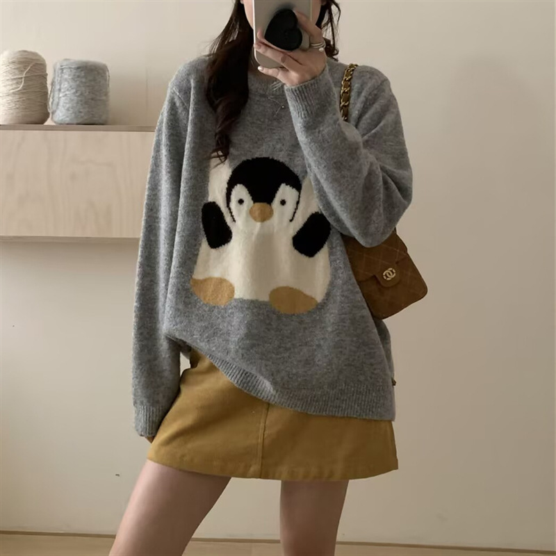 韩系卡通提花圆领套头毛衣针织衫女秋冬新款宽松软糯上衣外穿女潮