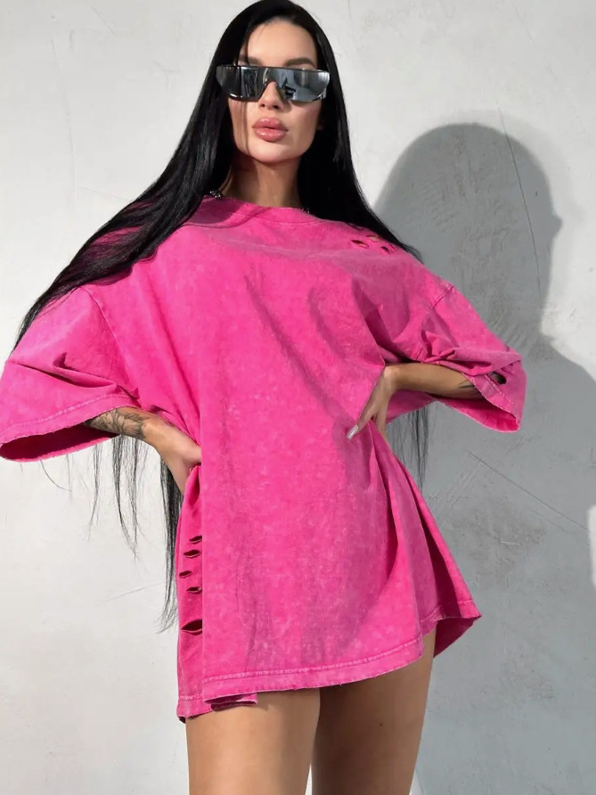 Europa y Estados Unidos transfronterizos cuello redondo camiseta de manga corta hombre verano agujero relajado pareja hip-hop vientos multifuncional blusa