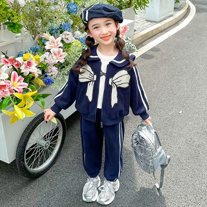 Traje casual de lazo de estilo azul marino para niñas 2024 otoño nuevo estilo para niños chaqueta de bebé de primavera y otoño coreana de dos piezas