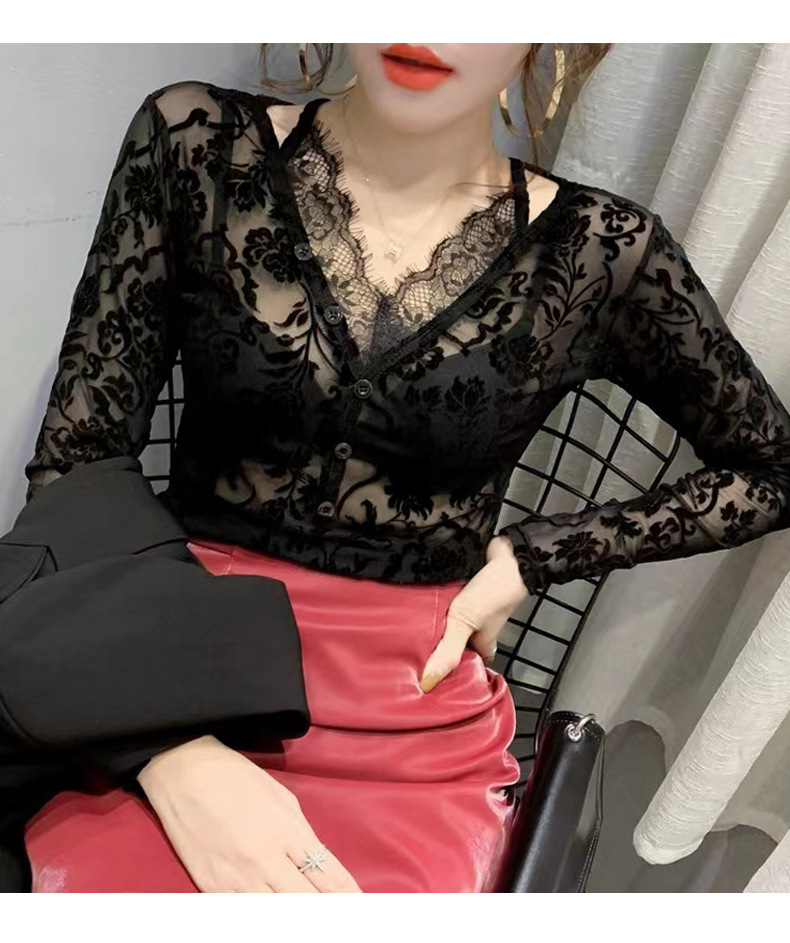 ​​"Beflocktes V-Ausschnitt-Langarmshirt aus Mesh – Sonnenschutzbluse aus Hohlspitze für Damen"​​_voghion.com