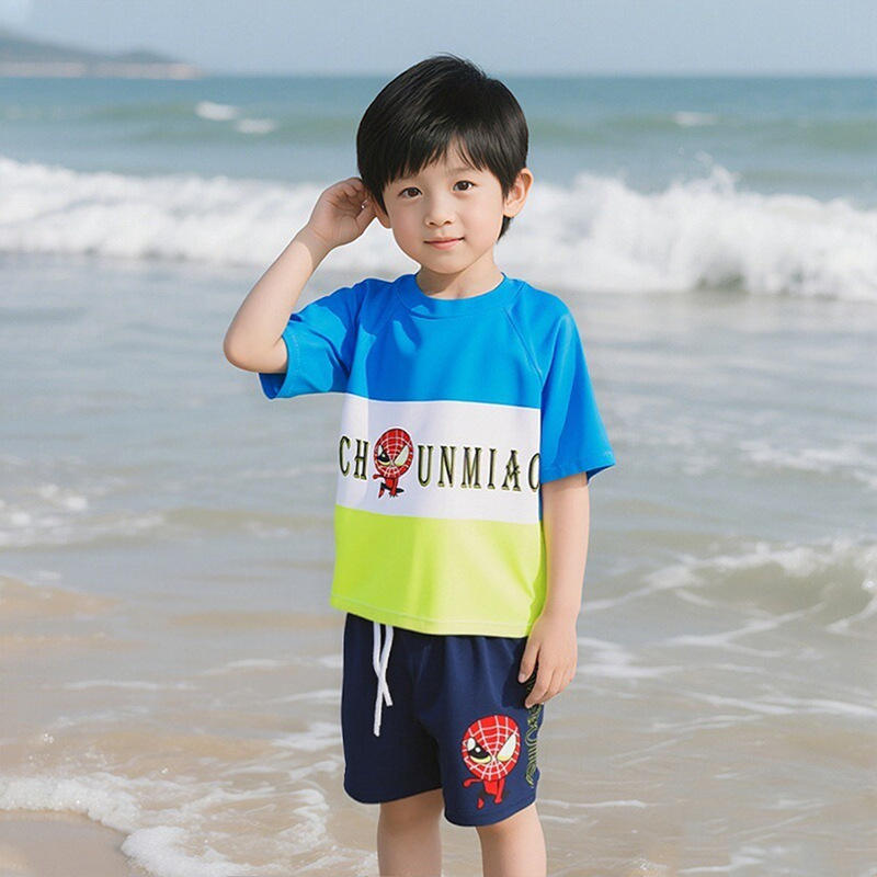 Traje de baño para niños de 2 a 8 años dividido para niños traje de baño de dibujos animados lindo conjunto de dos piezas con gorro de natación traje de baño