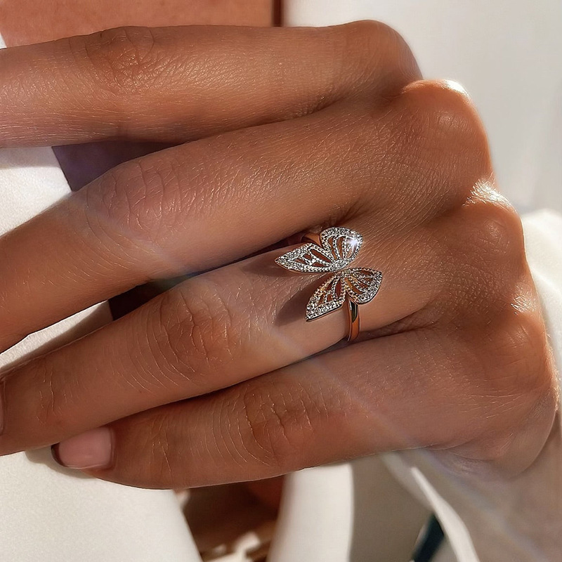 925 Sterling Silver Material Butterfly Pattern Unisex Gender 925 Sterling Silver Zircon Butterfly Open Rings 925 Sterling Silver Rings